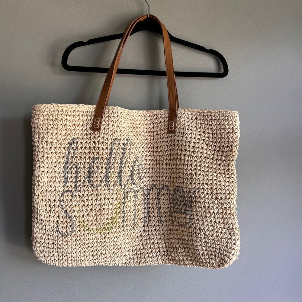Style & Co Woven‎ Straw Hello Summer Tote Bag Brown Straps Beach Shoulder Bag
